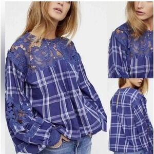 Free People Blue Plaid Crochet Lace Balloon Sleeve Blouse S Boho Country Coastal